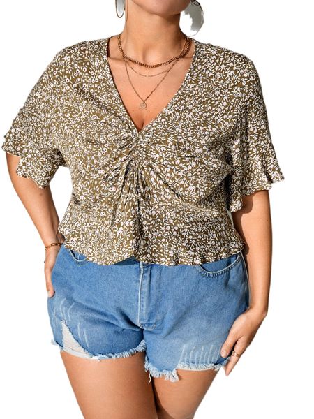 

plus ditsy floral drawstring front flounce sleeve blouse 96o3#, Black