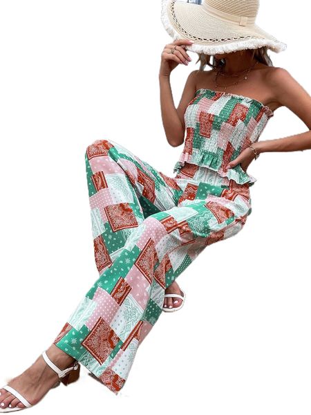 

paisley & patchwork print shirred tube & wide leg pants o6qc#, White