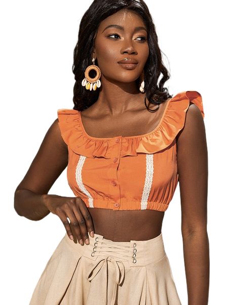 

contrast lace button front cap sleeve crop blouse x3kt#, White