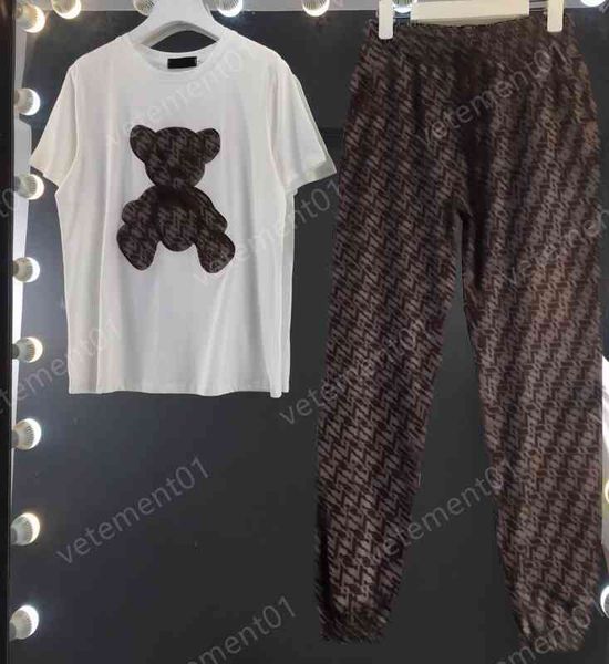 

womens two piece pants fashion brown bear graphic brand t-shirt with brown pants 2 piece sets luxury designer tracksuits women clothing, White