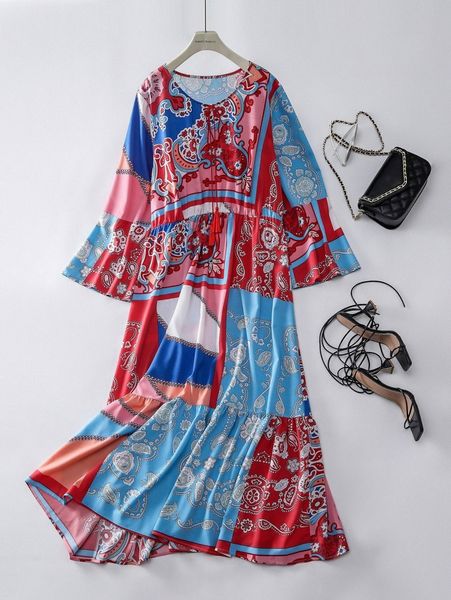 

plus floral & paisley print tassel tie dress t2se#, Black