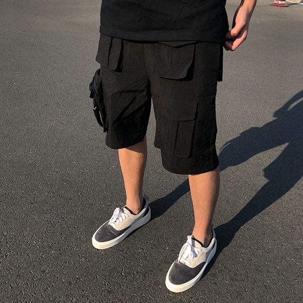 

multi-pockets elastic waist summer mens shorts high street wide leg black casual five point pants