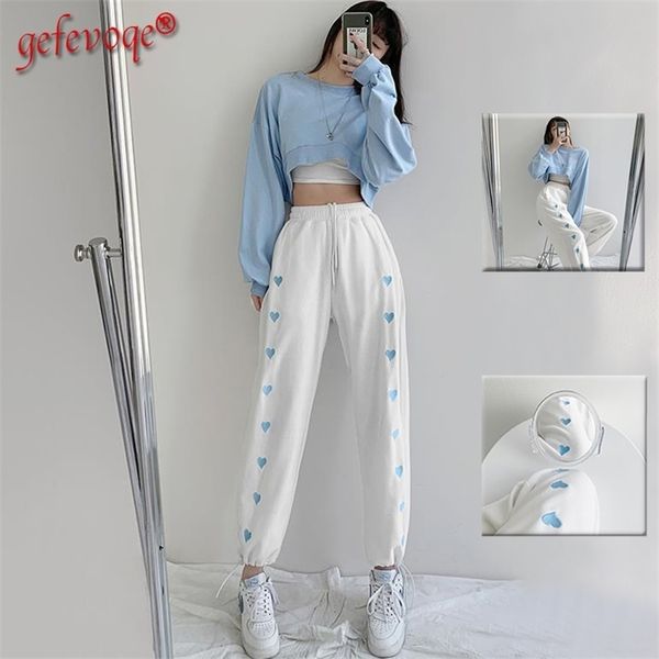 

korean women casual loose heart print streetwear sweatpants femme high waist harajuku trousers wide leg sport jogger harem pants 220325, Black;white