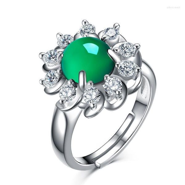 Cluster Ringe Natürliche grüne Jade Mosaik Zirkon Ring 925 Silber Jadeit Chalcedon Amulett Mode Charm Schmuck Geschenke für Frauen Sie Edwi22