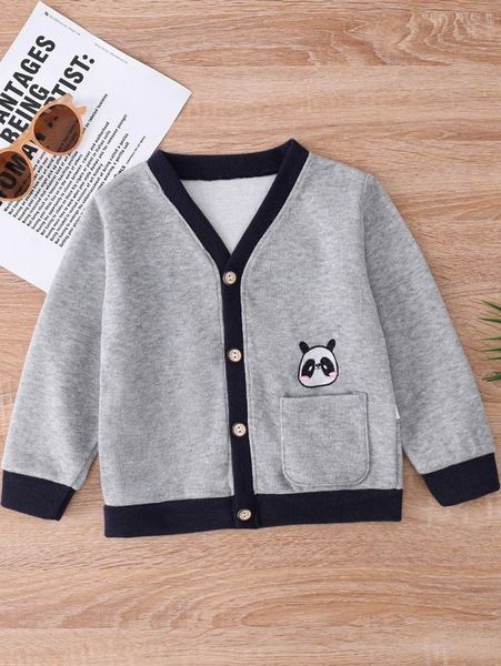 

toddler boys contrast trim panda embroidery patched pocket jacket she, Blue;gray