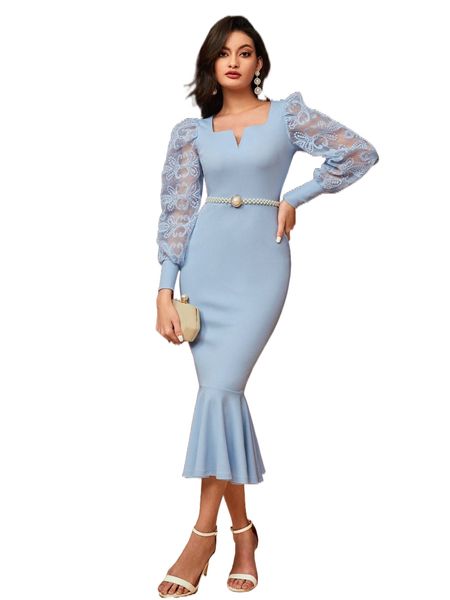 

mesh panel bishop sleeve mermaid hem dress n3qe#, Black;gray