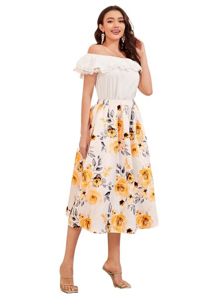 

off shoulder guipure lace trim & floral print skirt o068#, White
