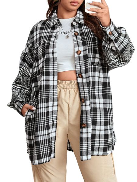

plus plaid print drop shoulder coat q82u#, Black