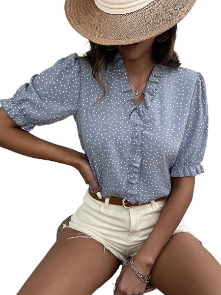 

polka dot print frill trim blouse s26h#, White
