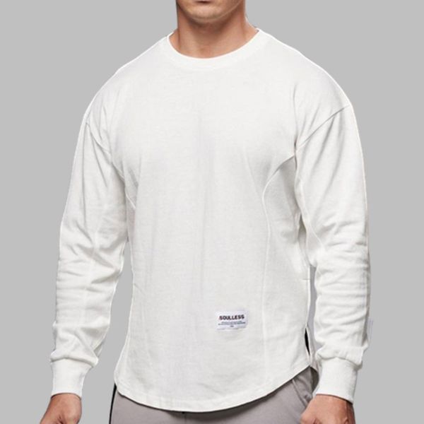 

men long sleeve shirts solid cotton t shirt curved hem mens autumn shirt for men workout streetwear, White;black