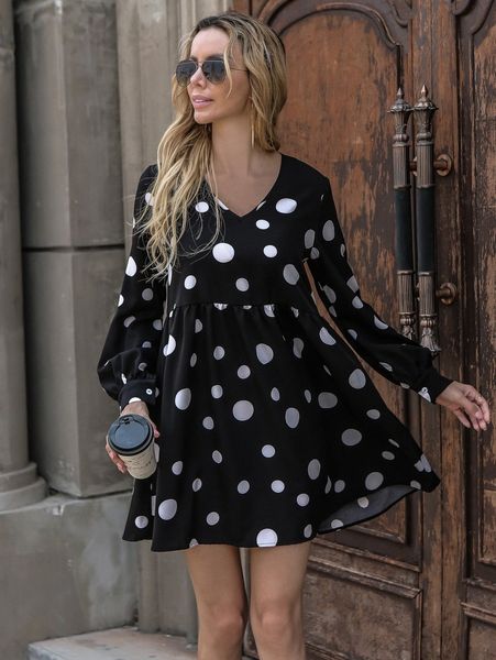 

polka dot smock dress u9cd#, Black;gray