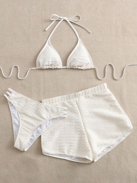 

3pack plain schiffy triangle bikini swimsuit & swim shorts d6qd#, White;black