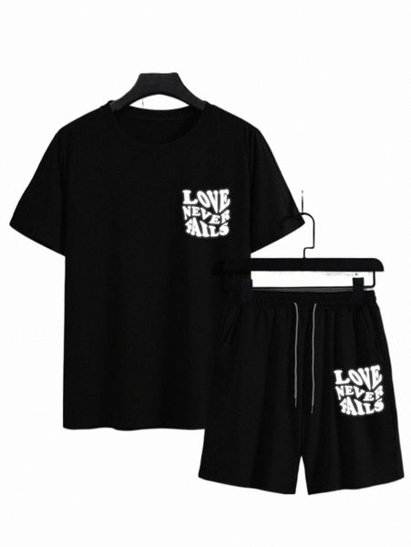 

men letter graphic tee & drawstring waist shorts a66e#, Gray