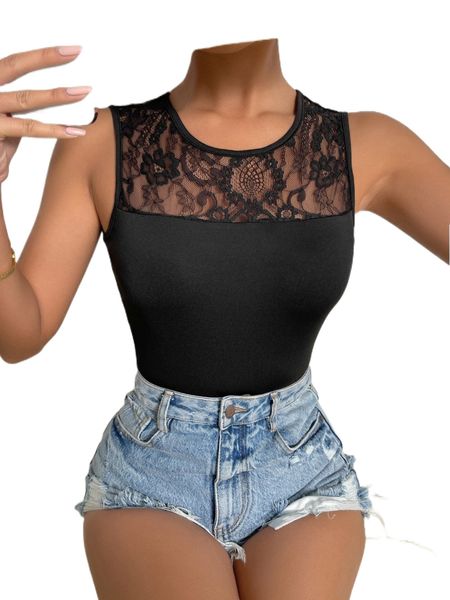 

lace panel crop tank 46bv#, White
