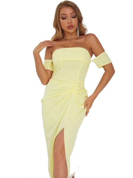 

d& off the shoulder ruched split thigh dress l68u#, Black;gray