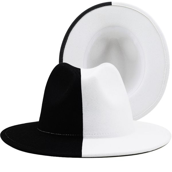 Black White Patchwork Wool Felt Jazz Fedora Mulheres unissex largo Brim Panamá Partido Trilby Cowboy Cap Men Hat de casamento 220718