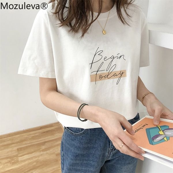 

mozuleva casual o-neck letter print women t-shirt summer short sleeve loose female basic shirt girlstees 100% cotton 220514, White