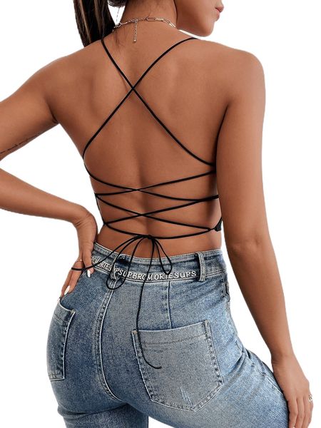 

petite crisscross tie backless crop cami n03l#, White