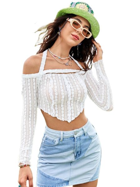 

tie back off shoulder hanky hem crop k9ne#, White