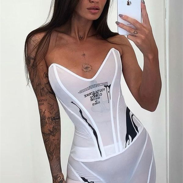 

kliou hipster mesh two piece set women see through letter print sleevless y2k high waist elastic sheath slim women pants 220510, White