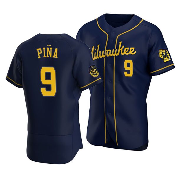 

baseball men's brewers manny pina #9 50th anniversary jersey navy milwaukee, Black