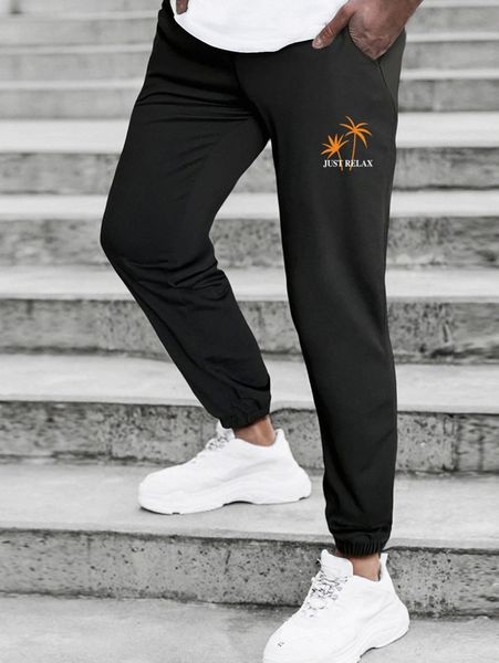 

men coconut tree & slogan graphic sweatpants w6vl#, Black