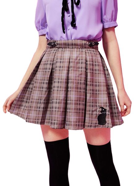 

x sonya cat embroidery plaid pleated skirt q3jk#, Black