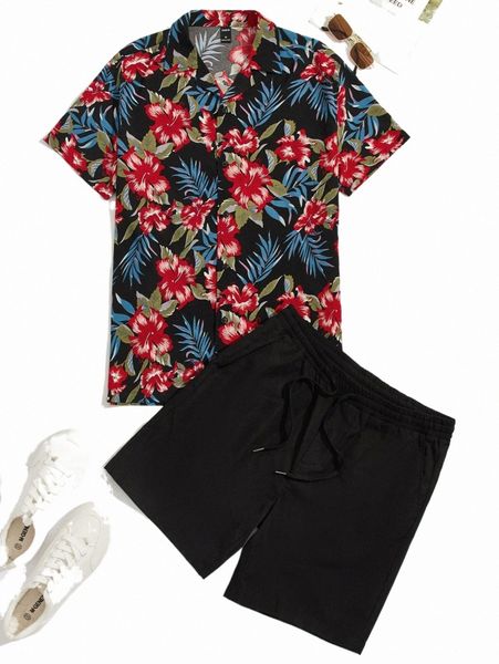 

men tropical print shirt & drawstring waist shorts f0sr#, Gray