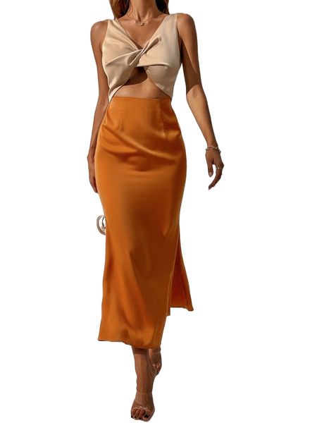 

colorblock twist cut out dress f9l7#, Black;gray