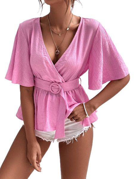 

overlap collar flutter sleeve peplum hem belted blouse k8l8#, White