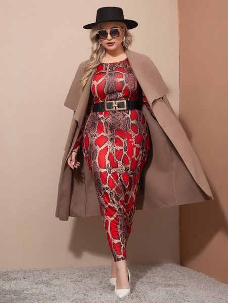 

plus snakeskin print bodycon dress without belt q1sa#, Black