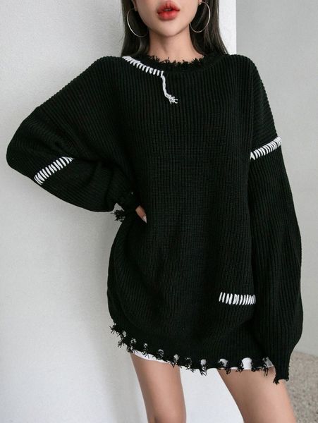 

dazy stripe pattern distressed drop shoulder sweater d9bi#, White;black
