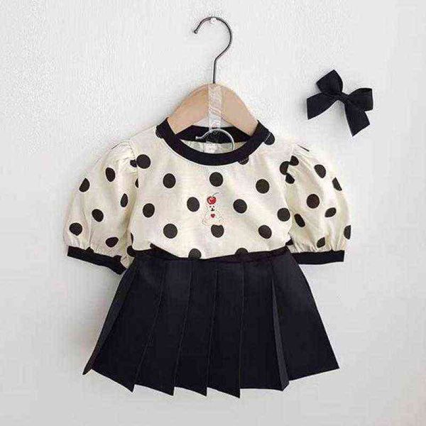 

2021 new summer children girls two-piece suit baby girl simple dot blouse with pleated skirt set princess skirt sets for girls g220509, White