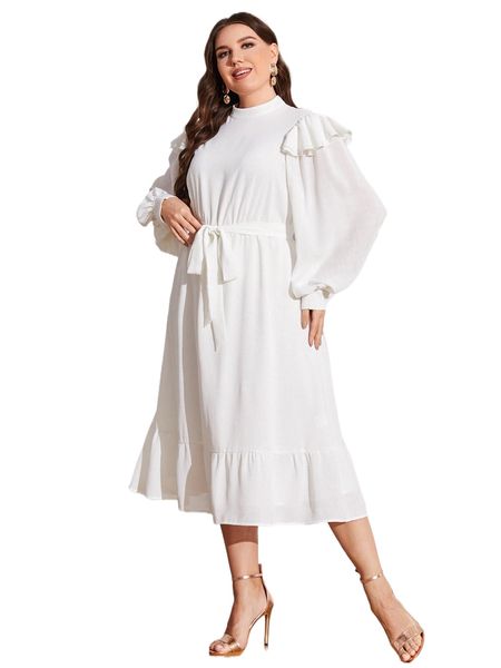 

plus mock neck lantern sleeve ruffle hem belted dress 83an#, Black