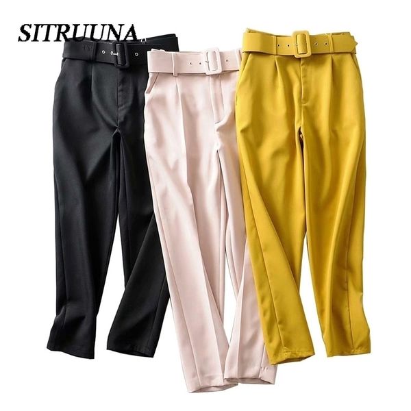 

stiruuna high waist office lady belted women pants causal black harem pants with sashes elegant lady trousers colors leggings y200114, Black;white