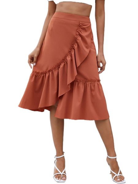

high waist ruffle trim wrap skirt i76l#, Black