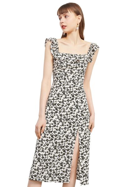 

ditsy floral ruffle trim split thigh dress y6zn#, Black;gray