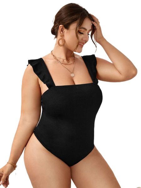 

plus ruffle trim cami bodysuit f4kh#, Black