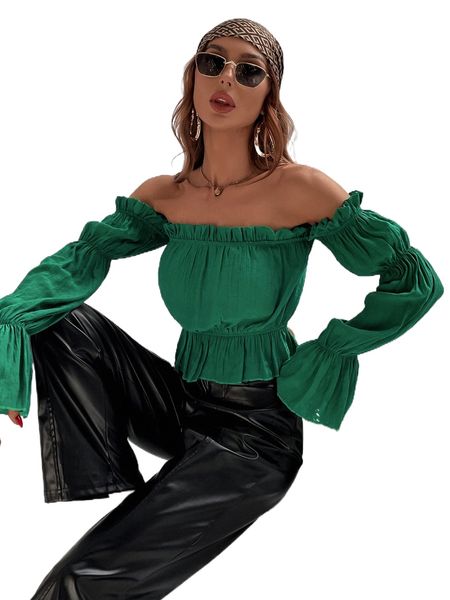 

off shoulder gathered sleeve peplum m63y#, White