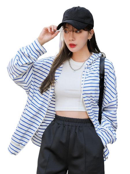 

dazy striped zip up drop shoulder drawstring hoodie h5yx#, Black