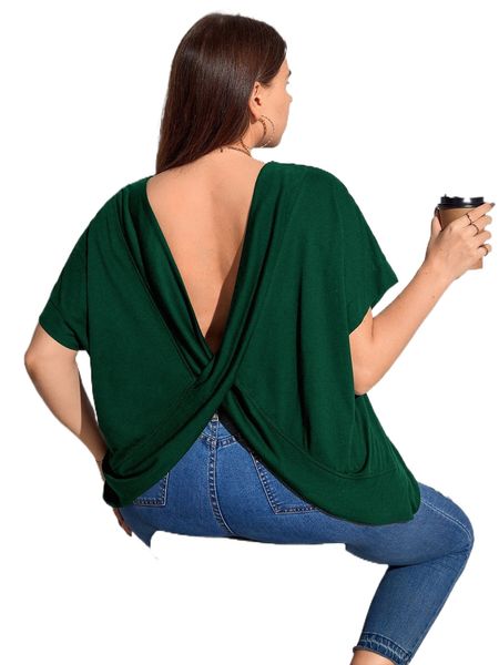 

plus v back batwing sleeve tee f0gl#, Black