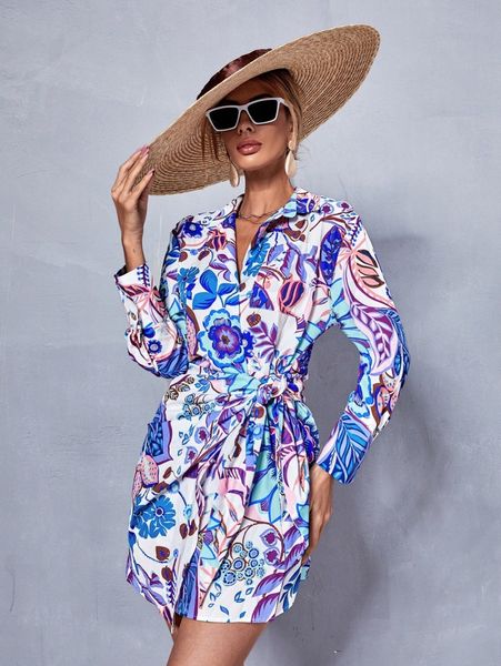 

floral knot side shirt dress i83u#, Black;gray