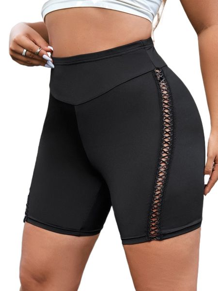

plus wide waistband crisscross cut out biker shorts t6me#, Black