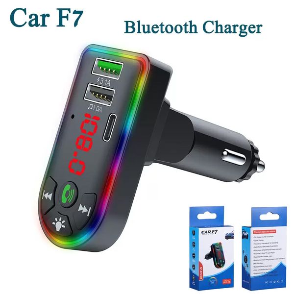 

f7 car charger bluetooth fm transmitter dual usb quick charging type c pd ports adjustable colorful atmosphere lights handsaudio receiver mp