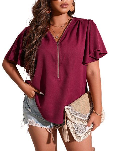 

plus half zip butterfly sleeve blouse d9qd#, Black
