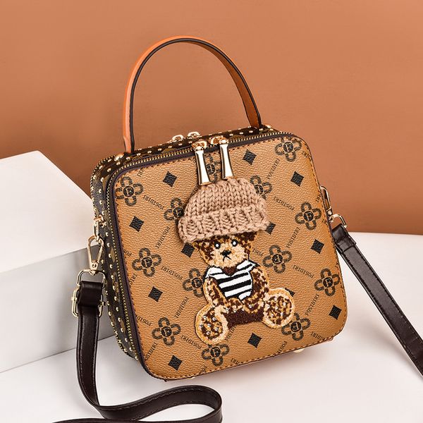 

Western womens shoulder bag sweet little fresh solid color leather handbags classic printed plaid handbag street trend cartoon embroidery messenger bags, Brown