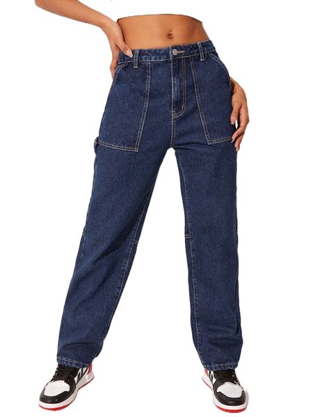 

patch pocket contrast stitch jeans f3ks#, Blue