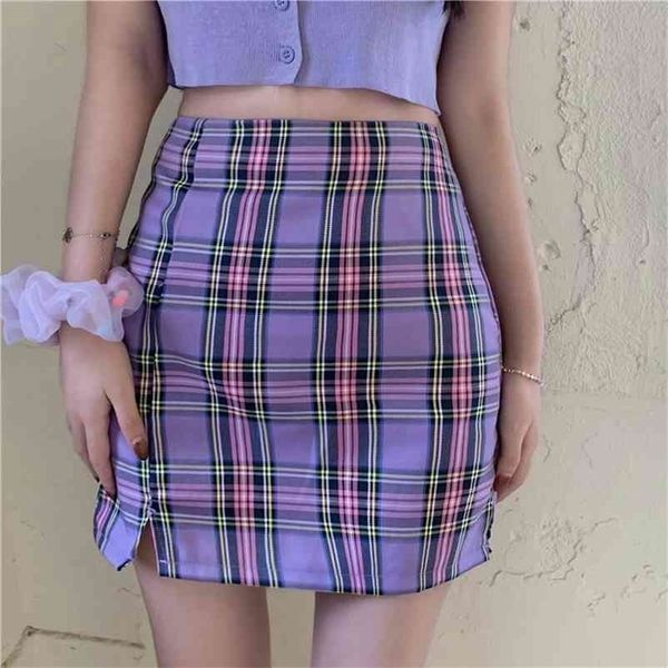 

korean women plaid skirts harajuku womens back zipper opening with two small front slits mini skirts purple 210325, Black
