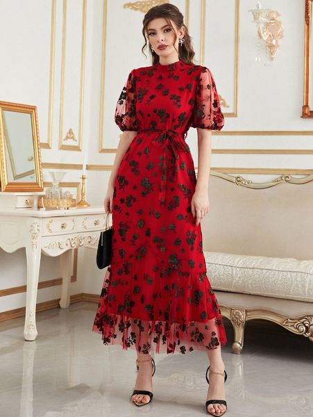 

allover floral belted mesh a-line dress j3ih#, Black;gray