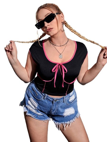 

plus contrast binding knot front cap sleeve tee i0fn#, Black